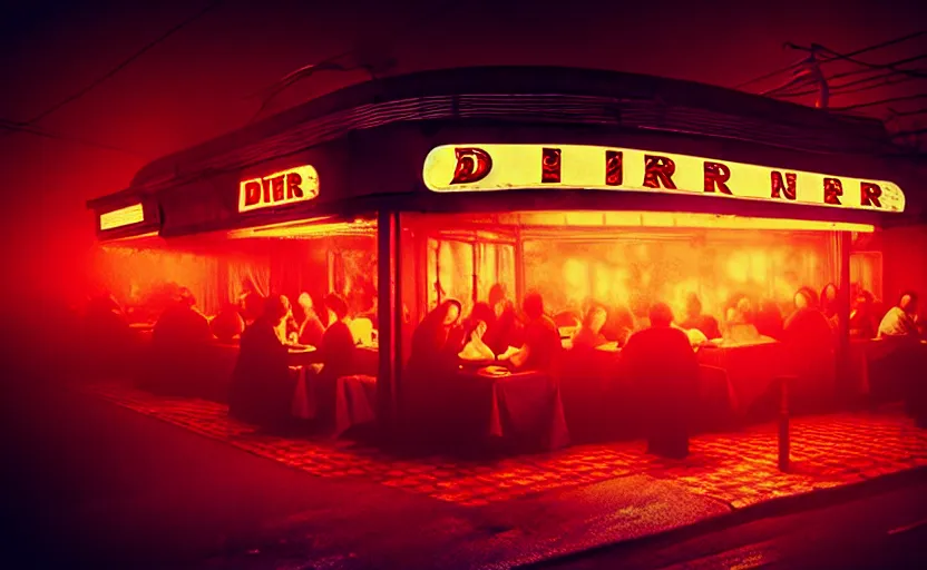 Image similar to diner, horror scene, dim neon lighting, beautiful volumetric-lighting-style atmosphere, eerie atmosphere, intricate, detailed, photorealistic imagery, artstation