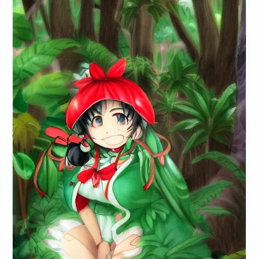 Image similar to a drawing of reimu in the jungle wearing bonnet