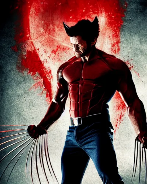 Image similar to movie poster of marvels wolverine, black and red color scheme, hyper realistic photo, 8 k., dramatic waiting, bloody