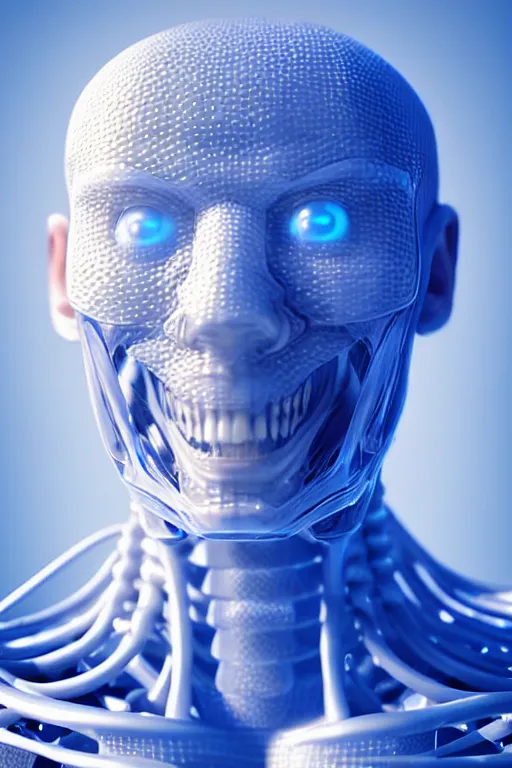 Image similar to hyperrealistic close-up translucent intricate exoskeleton!! smiling chinese man covered highly detailed concept art eric zener elson peter cinematic side soft blue light high angle hd 8k sharp shallow depth of field