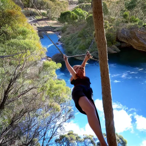 Prompt: rope swing across gully in Australian native bushland