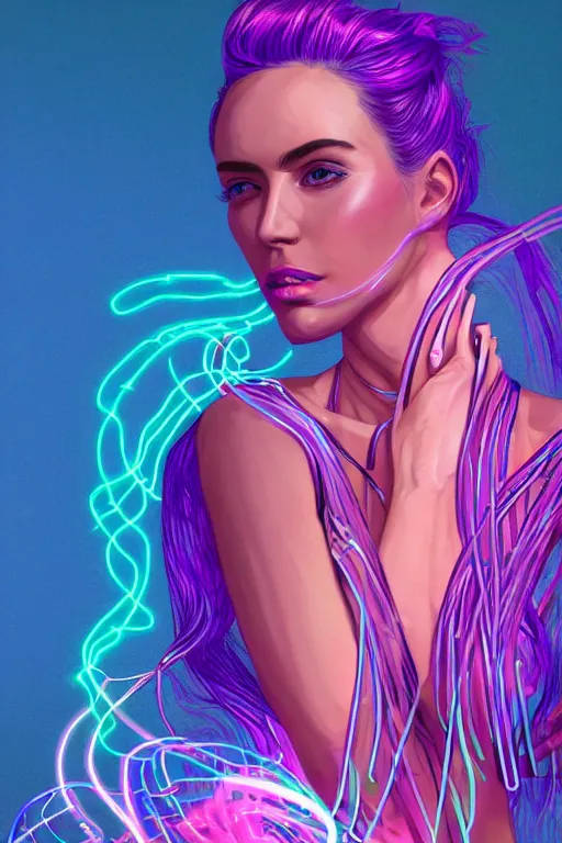 Prompt: a award winning half body portrait of a beautiful woman in a croptop and cargo pants with ombre purple pink teal hairstyle and hands in pockets by ari liloan, surrounded by whirling illuminated lines, outrun, vaporware, shaded flat illustration, digital art, trending on artstation, highly detailed, fine detail, intricate