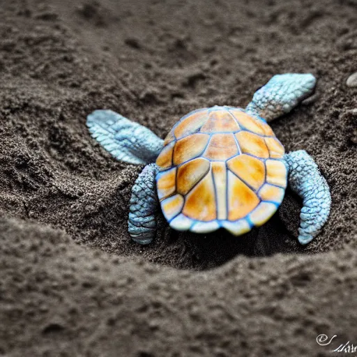 Prompt: a cute baby turtle playing in the sand, digital art 4k