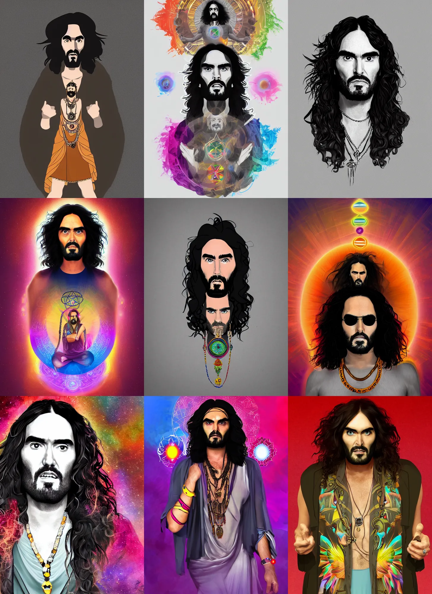 Prompt: character portrait of russell brand with chakras, cosmos, simplistic, digital art, trending on artstation, 4k