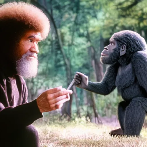 Prompt: Bob Ross facing off against a sentient ape, 4k professional photo