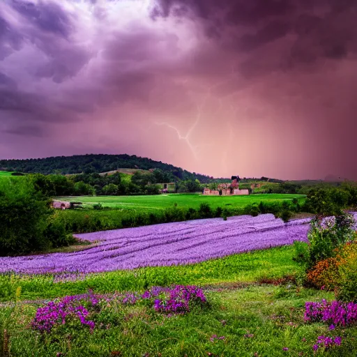 Prompt: dordogne typical landscape, hills in the background, summer, river, ultra detailed, ultra sharp, award winning. 8 k, flowers, trees, old house, thunderstorm and rain, very dark clouds. heavy rain, sunset, octane render.