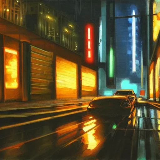 Prompt: car light far away on the cyberpunk street, future, old oil painting