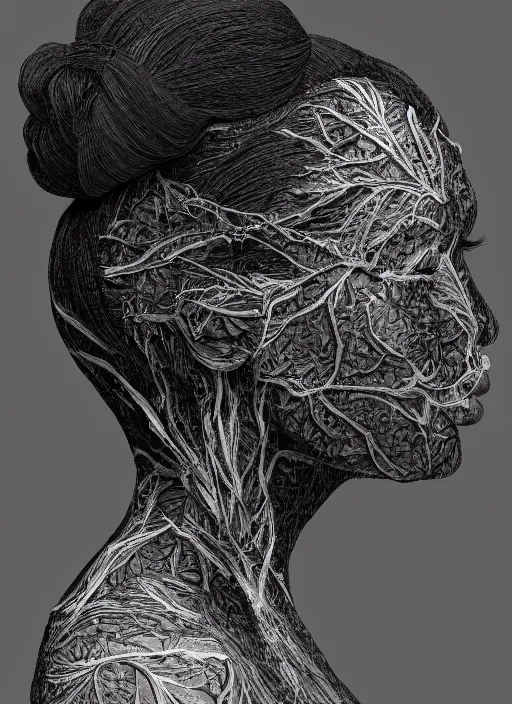 Image similar to a beautiful black woman's face in profile made of leaf skeleton, white hair, in the style of the dutch masters and rene magritte, dark and moody, matte, 8 k, hyper detailed, hyper realistic, intricate detail,