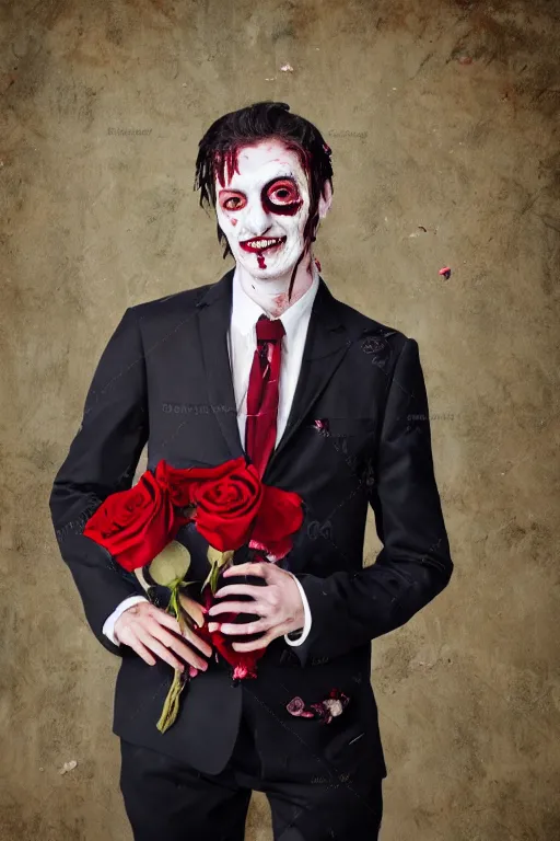 Image similar to portrait of a romantic zombie in a suit holding a rose and smiling
