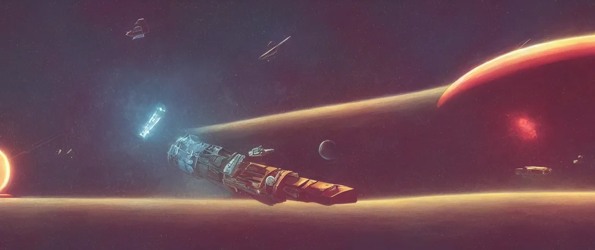 Image similar to illustration, a single small spaceship, deep space exploration, alone, the expanse tv series,industrial design, painted hull, hyperdetailed, cinematic lighting, 4k, greebles, widescreen,  wide angle, sharp and blocky shapes, hubble photography, the final frontier, beksinski, neon lights