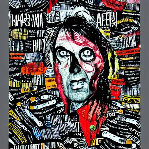 Image similar to graphic illustration, creative design, alice cooper, biopunk, francis bacon, highly detailed, hunter s thompson, mixed media - 1 6. 0