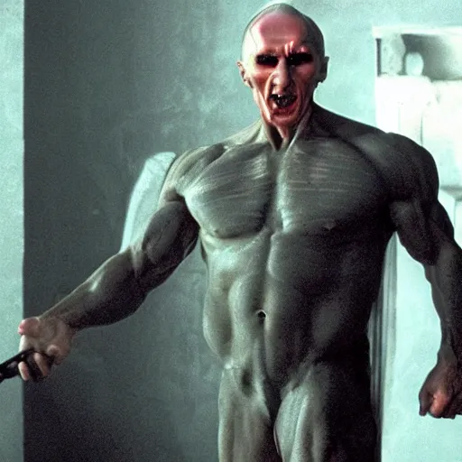 Image similar to A still of Arnold Schwarzenegger as Voldemort from Harry Potter