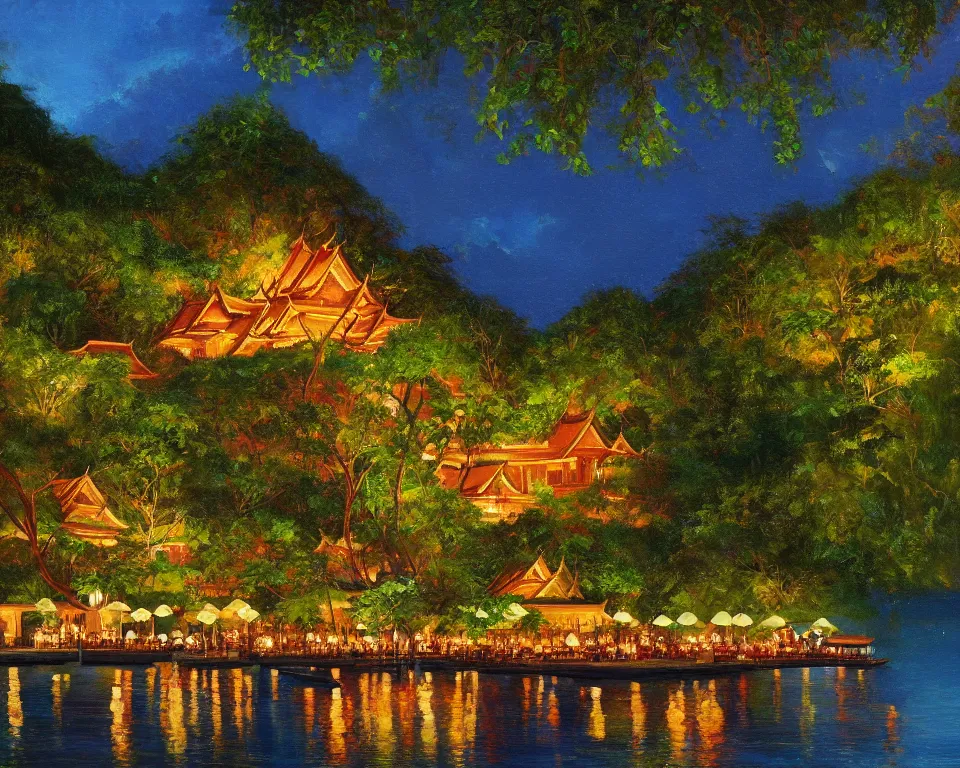 Prompt: an achingly beautiful oil painting of a vibrant Thailand four seasons hotel, lit by glowing lanterns and covered in ivy, on the shores of Koh Phi Phi by Raphael and Hopper. detailed, romantic, trending on artstation.