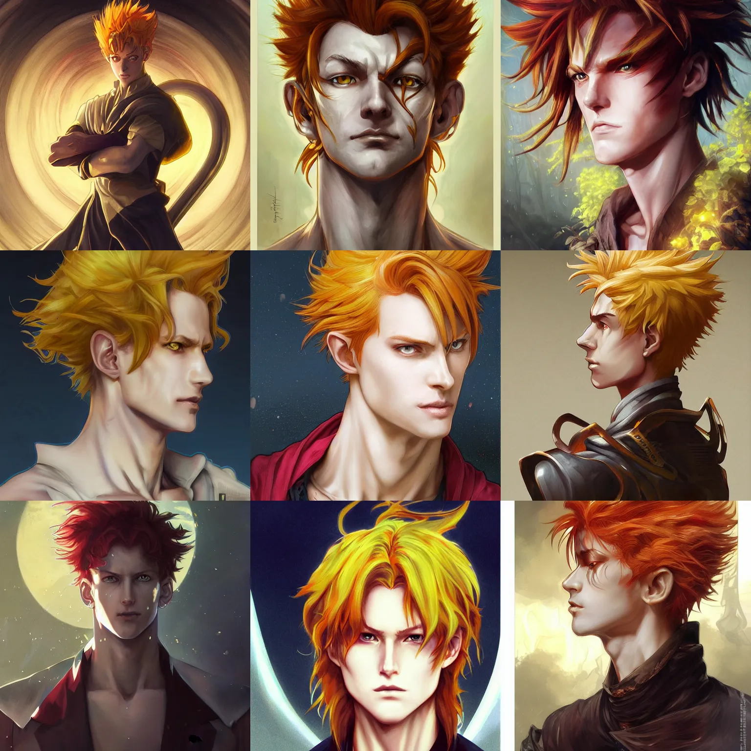 Prompt: portrait of hisoka morow hunter hunter, male, upper body sharp jaw yellow eyes small eyes red hair, floppy medium length hair, anime, fantasy, intricate, elegant, highly detailed, digital painting, artstation, key art anime sharp focus, illustration, art by artgerm and greg rutkowski and alphonse mucha