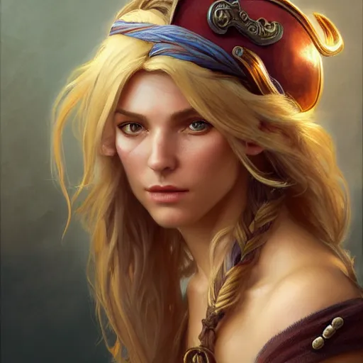 Image similar to portrait of a young ruggedly handsome but joyful pirate, female, feminine, upper body, blonde hair, long hair, d & d, fantasy, seductive smirk, intricate, elegant, highly detailed, digital painting, artstation, concept art, matte, sharp focus, illustration, art by artgerm and greg rutkowski and alphonse mucha