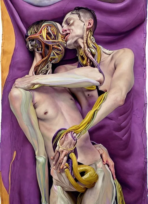 Prompt: a surreal biomorphic painting of two humanoid figures entwined in an embrace by jenny saville and charlie immer, draped in purple and gold cloth, highly detailed, emotionally evoking