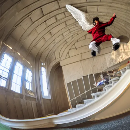 Prompt: a Biblically correct angel doing a kick flip down some stairs fish eye lens