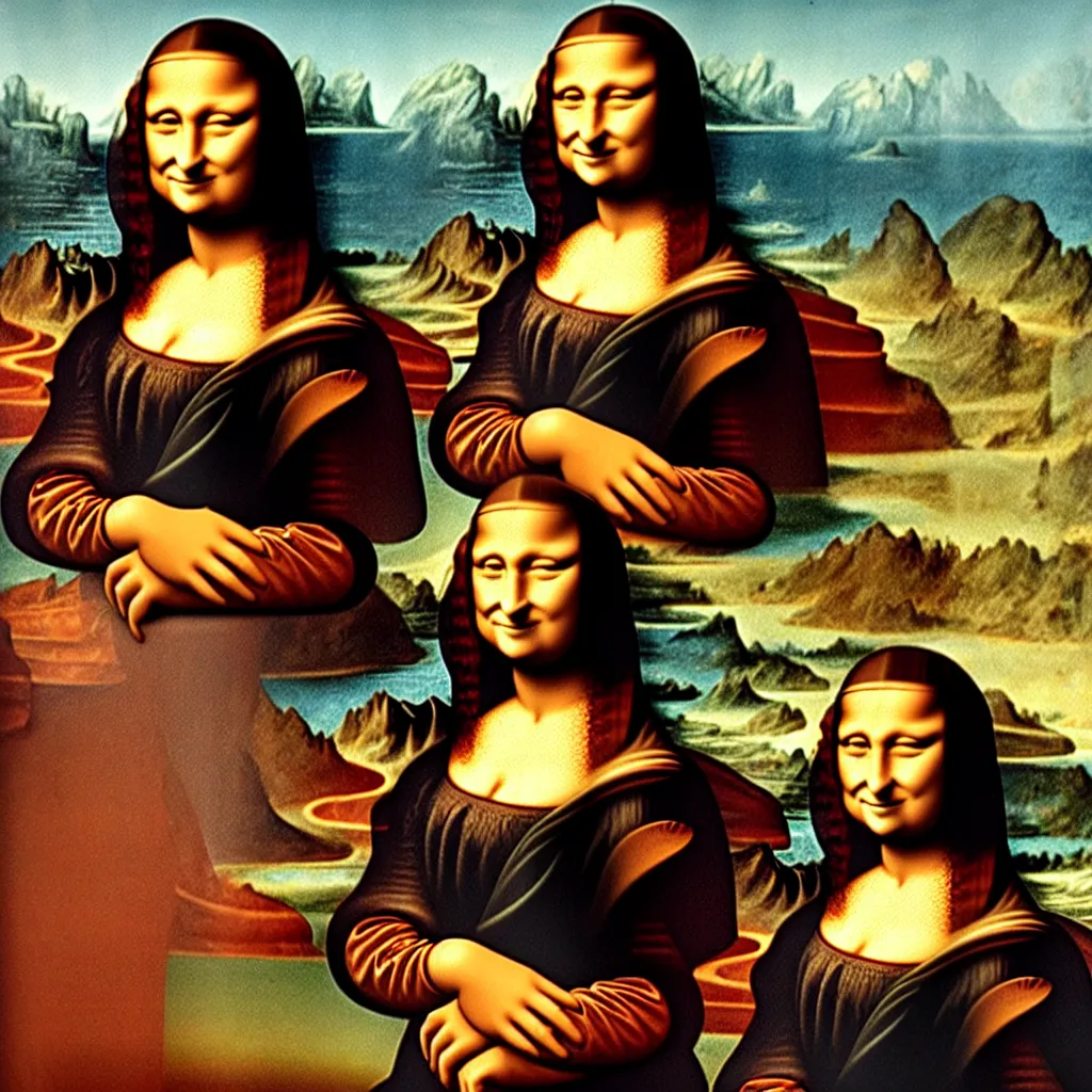 Prompt: the Mona Lisa standing in the middle of Salvador Dali’s “Persistence of Memory”