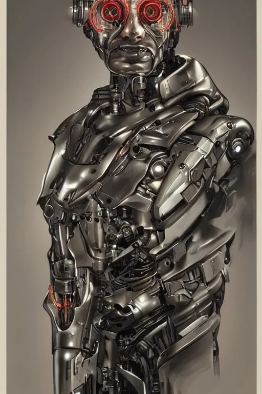 Image similar to futurist half human half robot soldier, art by leyendecker, head and shoulders portrait, blood, cyberpunk, cybernetic implants, very intricate, award winning, extreme details