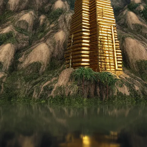 Image similar to photo of vertical golden tower, stacked ancient village, arid mountains and lush palm forest, photo realism, sharp focus, octane