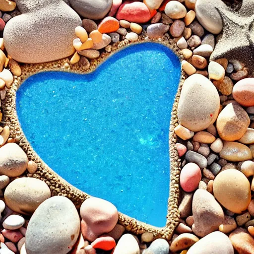 Prompt: heart shape pebbles on a beach, sunny day, camera flare, water foam on the shore, beach day