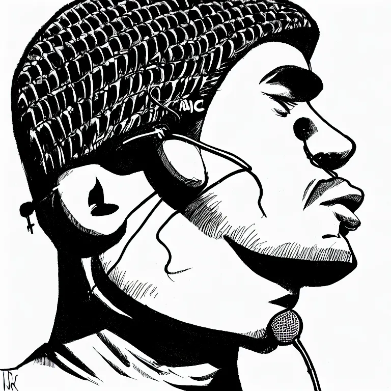 Image similar to rapping into microphone, epic angle, profile view, illustrated by Victor Moscoso