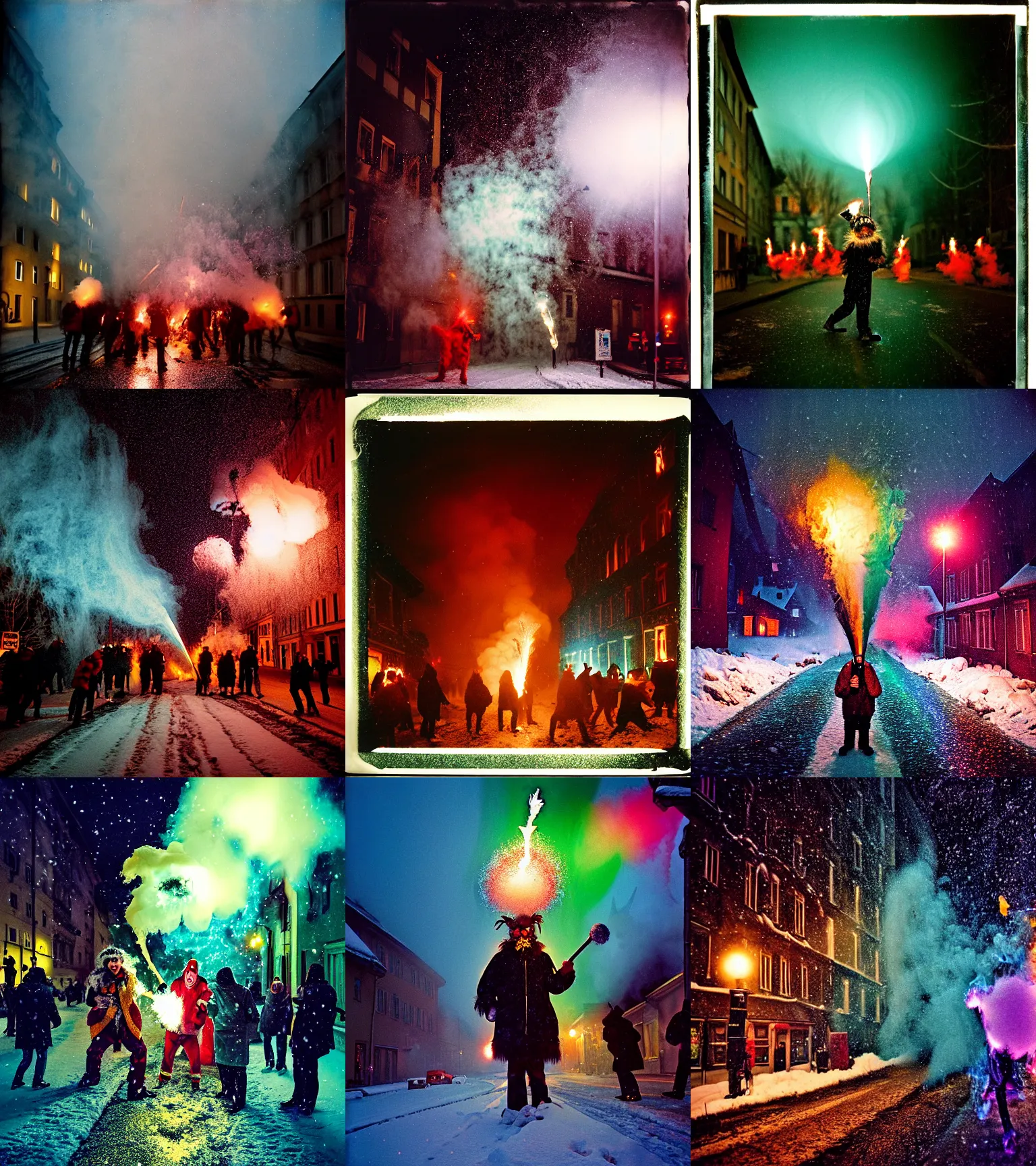 Image similar to kodak portra 4 0 0, wetplate, winter, snowflakes, rainbow coloured rockets, chaos, glitter tornados, award winning dynamic photo of a bunch of hazardous krampus between exploding fire barrels by robert capas, motion blur, in a narrow lane in salzburg at night with colourful pyro fireworks and torches, teal lights