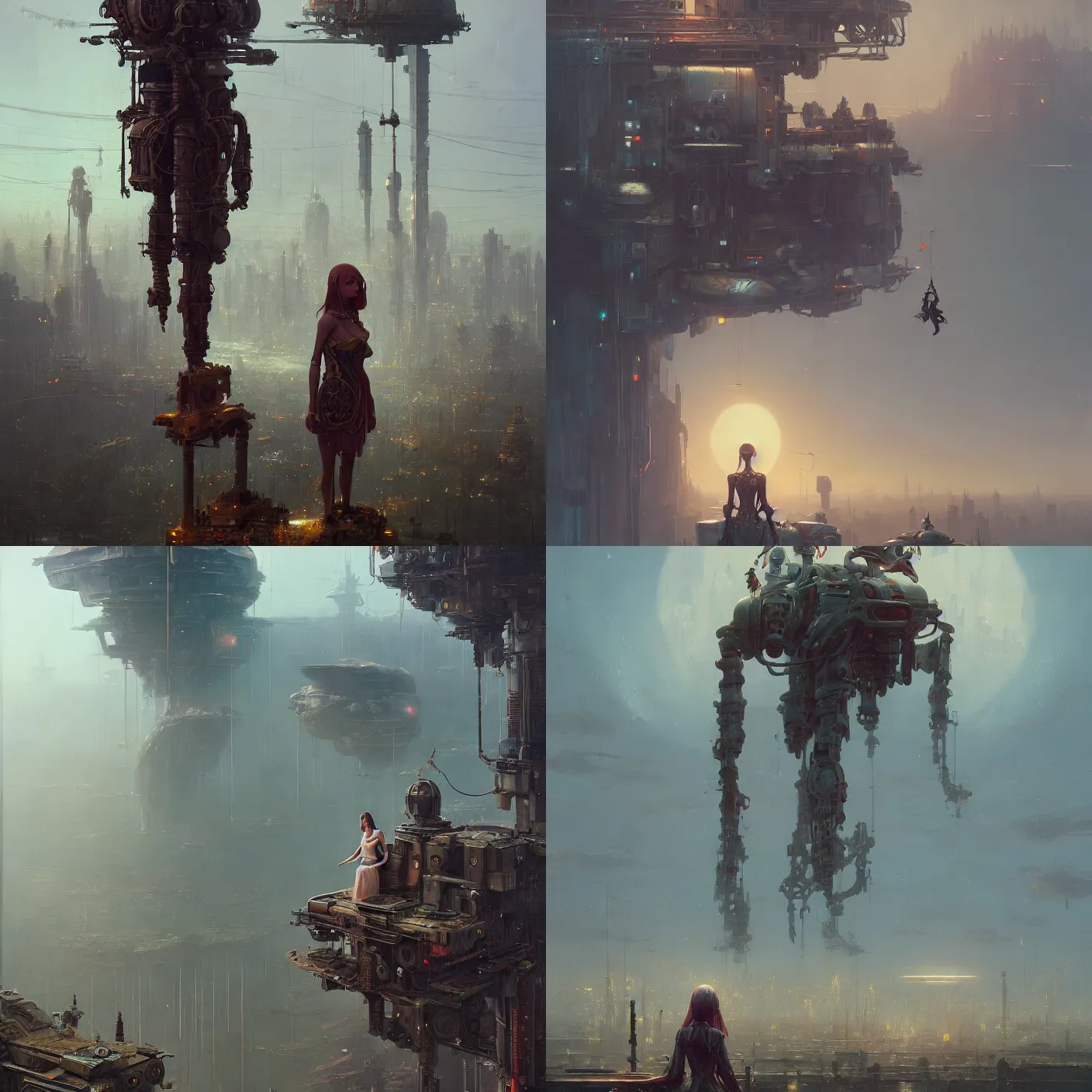 Prompt: detailed, sharp, portrait a dreaming humanoid female automata floating above a dystopia by James Gurney, by Simon Stalenhag, by Greg Rutkowski, digital art, surreal, trending on artstation, HD, 8K, highly detailed, good lighting. beautiful. epic.