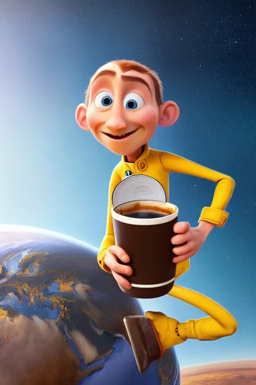 Image similar to portrait of a astronaut holding a cup of coffee with the earth in background, full body. pixar disney 4 k 3 d render funny animation movie oscar winning trending on artstation and behance, ratatouille style