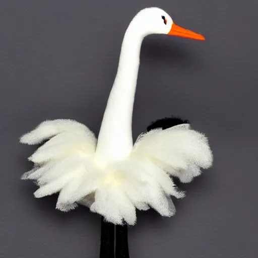 Prompt: plush of a stork wearing a black elegant suit