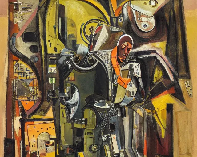 Image similar to painting of a cyborg questioning his reality by graham sutherland