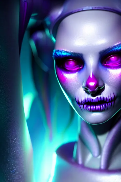 Prompt: ultra detailed, ethereal closeup photo of female android, flowerpunk, studio photo, floodlight, fantasy art, octane render, unreal engine, dia de los muertos, photorealistic concept art, triadic color scheme, art by artgerm and wlop and giger and greg rutkowski and alphonse mucha, 8 k