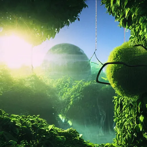 Image similar to cinema 4D cinematic render, utopian jungle in space ,a detailed zoned in human anatomy veins, nature, heavy green, dramatic lens flares,far view apes hanging from vines, a evil dark sun , depth field, unreal engine, sharp, incredible detail, professional composition, quality digital art, 4k, 4k concept art and hyper realism