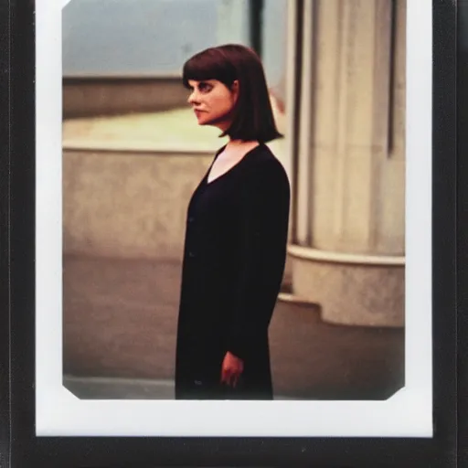 Prompt: polaroid of clara oswald looking over her shoulder, color 3 5 mm