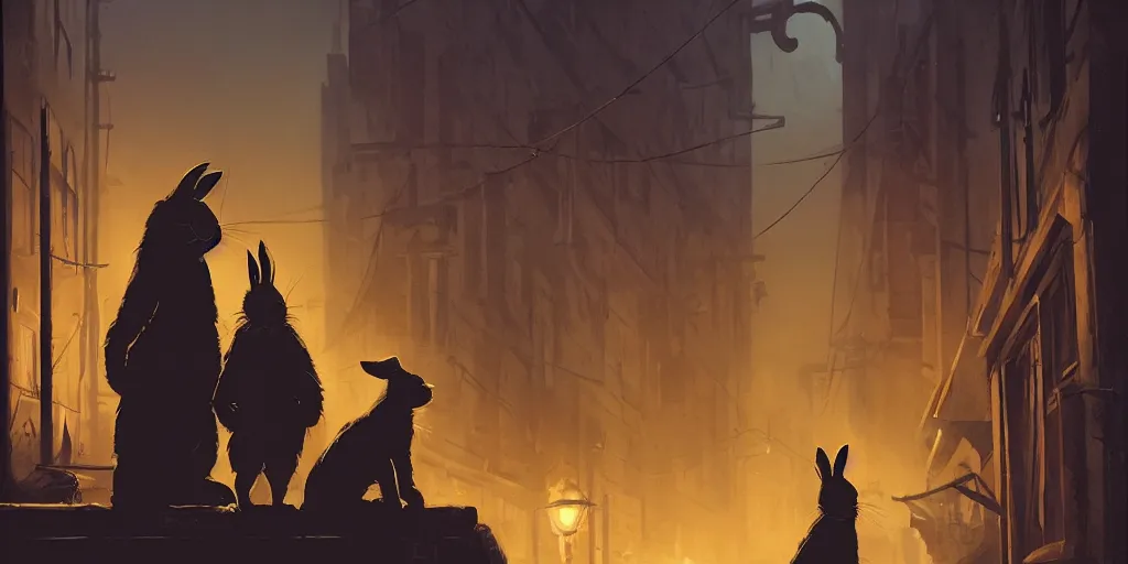 Image similar to a slender rabbit is talking with a big cat in a dark alley, warm color palette, night time, dramatic lighting, noir film, fine details, high contrast, blacksad, kim jung gi, greg rutkowski, trending on artstation, 8 k, ultra wide angle