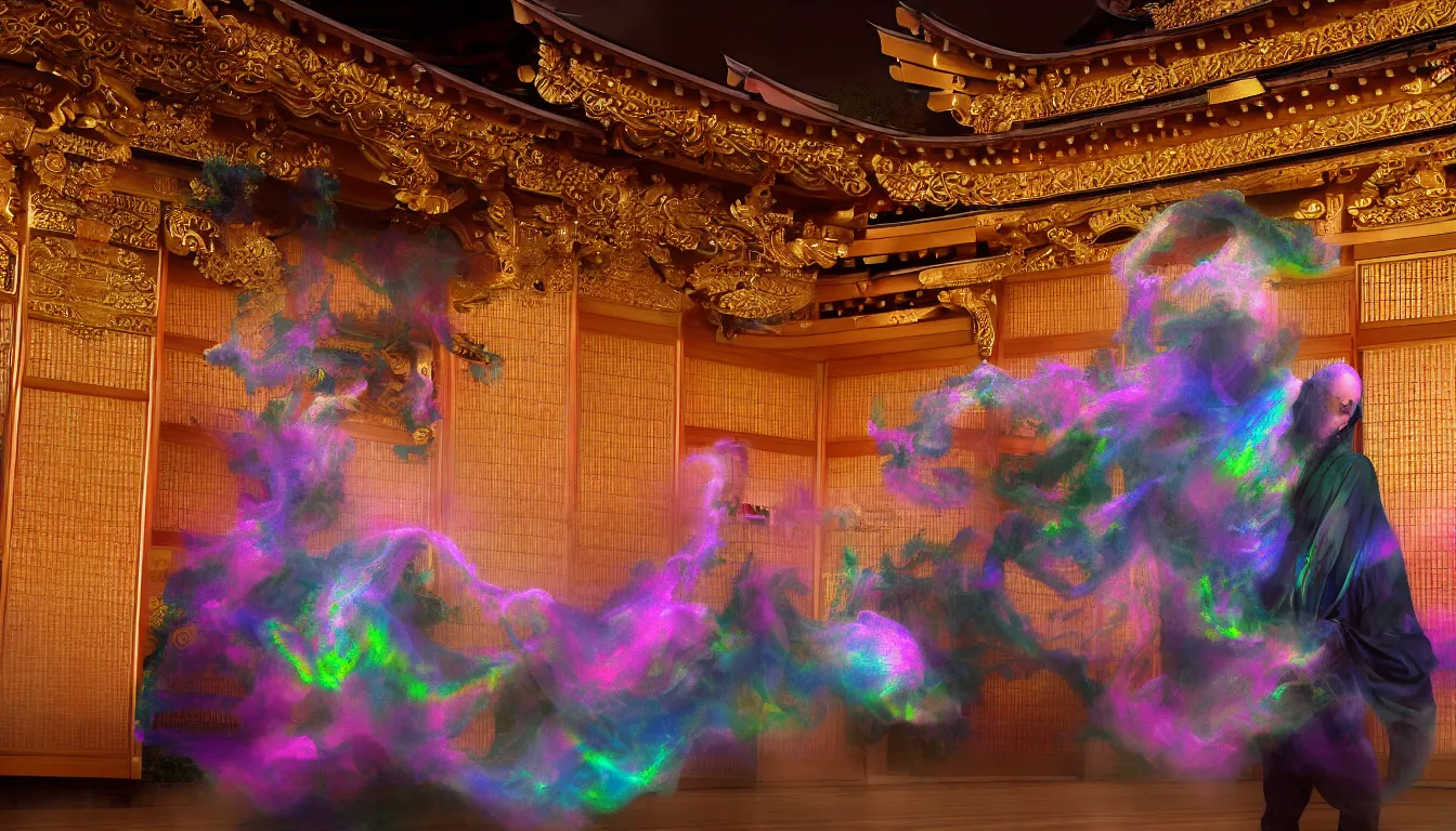 Image similar to feedback loop , burst of powders ,volumetric lighting, twisting vapour, bellowing dust ,flowing shimmering iridescent fabrics, emerging hands and an ancient male bearded face , inside a huge traditional Japanese Royal ornate temple , full colour , upscale , 4k