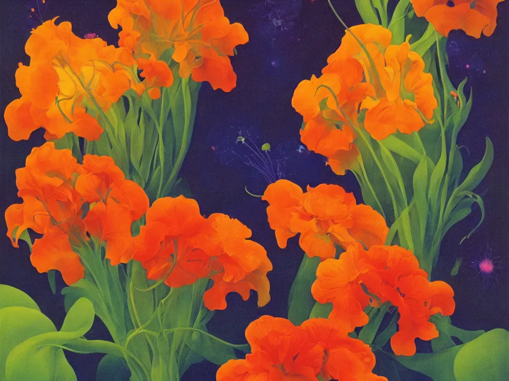 Prompt: Botany of the Martian past. Otherworldly petals. Intense colors, contrast. Painting by Georgia O'Keefe, Maxfield Parrish, Karl Blossfeldt