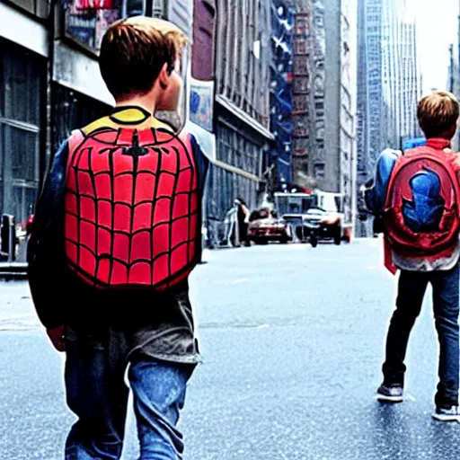 Image similar to film of spiderman with a backpack on his way to school on the streets of new york, lonely atmosphere, director by christopher nolan