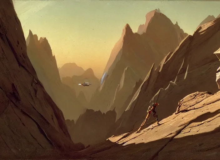 Image similar to an alien in climbing gear climbing a mountain on an alien planet, matte painting, by isaac levitan and asher brown durand,