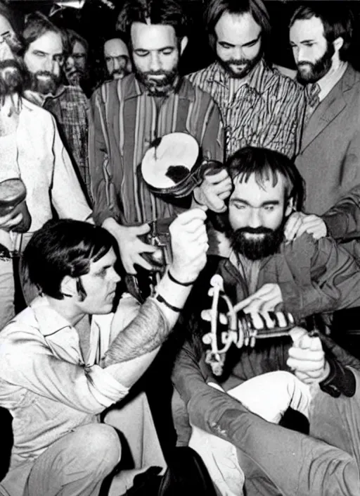 Prompt: vintage magazine photo depicting charles manson playing tambourine with the beach boys