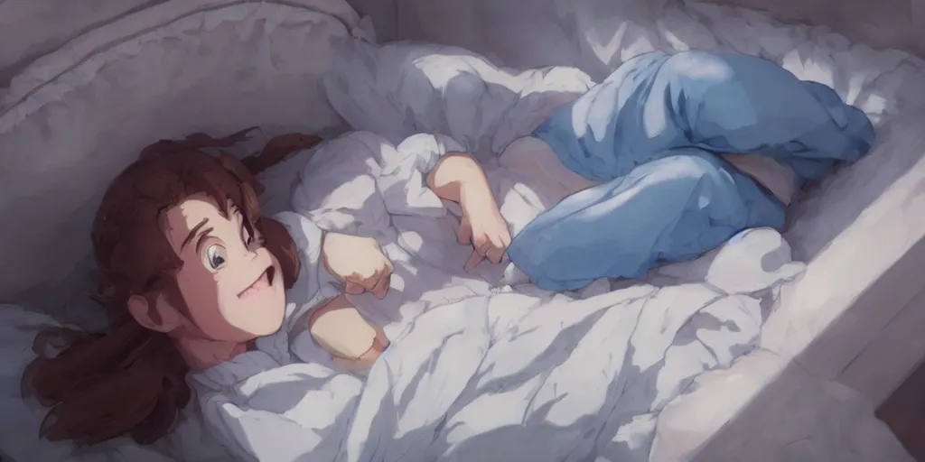 Image similar to a brunnete girl with blue eyes and puffy cheeks lying happy in her bed, close up shot from the top, anime art, Greg Rutkowski, studio ghibli, dramatic lighting