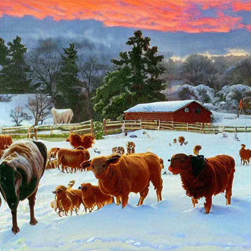 Prompt: feeding the animals at sunrise, dog, cows, sheep, chickens, ducks,, 4 k, ranch the morning after a light snowfall, by bob ross and norman rockwell