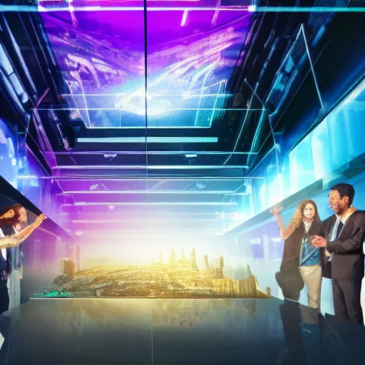 Image similar to large group of people, looking at hologram of futuristic city on a table, cinematic concept art, warehouse interior, godrays, golden hour, 4 k, clear details, tabletop model buildings, tabletop model, hologram center