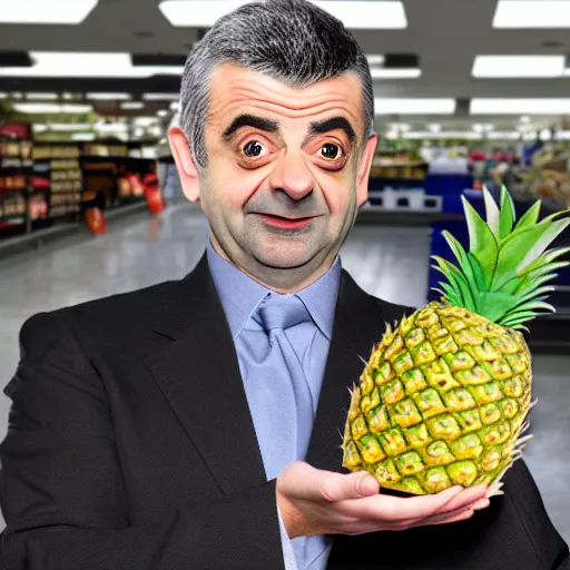 Image similar to rowan atkinson stealing a pineapple from target, realistic photo, uhd