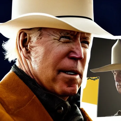 Image similar to Joe Biden as a Cowboy, gritty, sharp detail, epic, dramatic, western, yellow tint, cigar, movie still, serious,