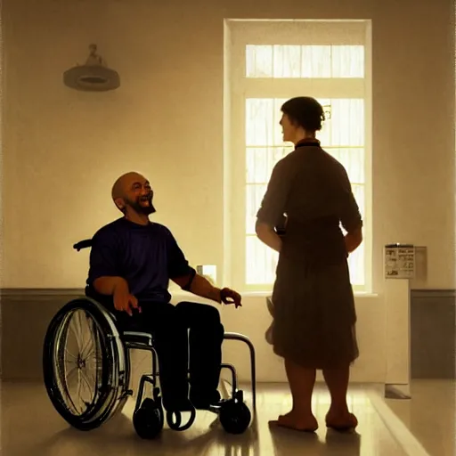 Image similar to a male patient in a wheelchair in the hospital with his wife and son standing by. happy, cheerful, smiling, intricate, face enhance, sharp focus, cinematic lighting, featured in artistation, 8 k, art by greg rutkowski, william adolphe bouguereau