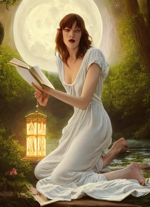 Image similar to milla jovovich in white nightgown reading a book by a river, full moon in a dark starry sky, golden orbs and fireflies, illustration, dramatic lighting, soft details, painting oil on canvas, art nouveau, octane render, 8 k, by edmund blair leighton, brom, charlie bowater, trending on artstation