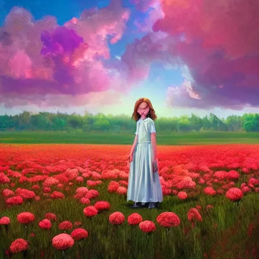 Image similar to face of carnations flower, girl standing in a flower field, surreal photography, sunrise dramatic light, impressionist painting, colorful clouds, digital painting, artstation, simon stalenhag, flower face