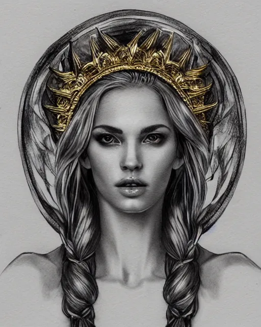 Image similar to tattoo sketch of hot blonde super model as aphrodite greek goddess wearing a gold laurel wreath and triangle earrings, beautiful piercing gaze with sharp pupils, in the style of greg rutkowski, fantasy, amazing detail, epic, elegant, smooth, sharp focus, front view