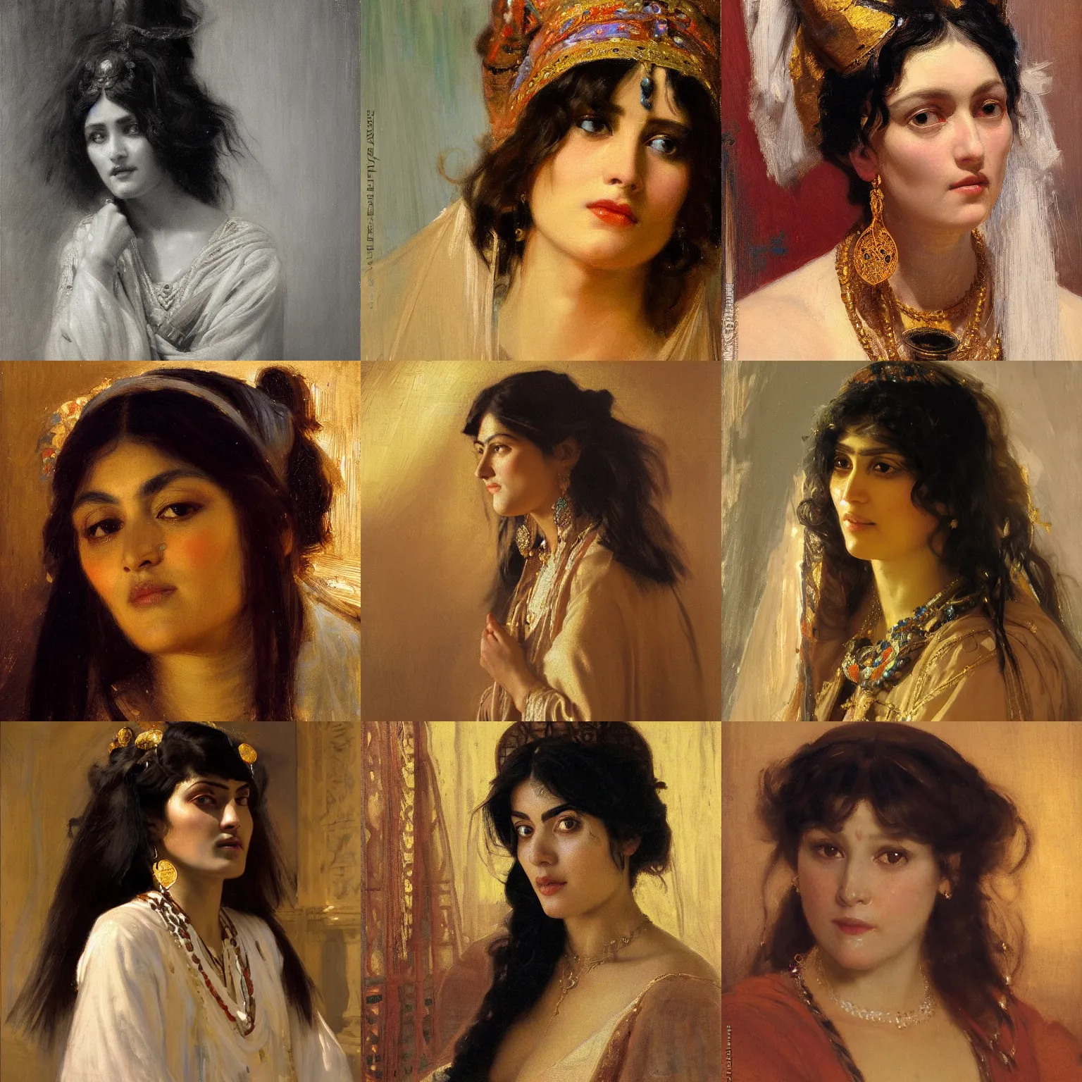 Prompt: orientalism face detail of a beautiful priestess with bangs and thick dark curls hair and ties by theodore ralli and nasreddine dinet and anders zorn and nikolay makovsky and edwin longsden long, oil on canvas, masterful intricate artwork, excellent lighting, high detail 8 k